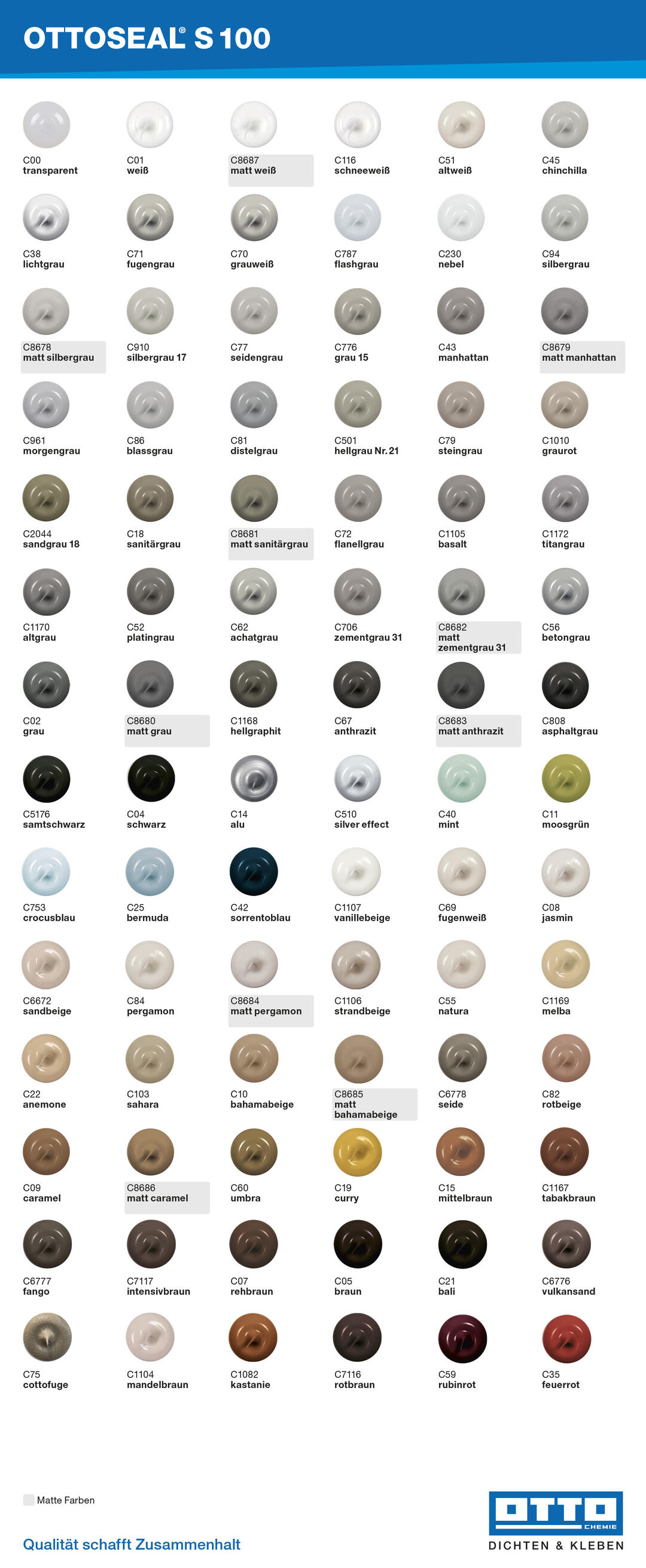 Farbtafel, auf der die vielen verschiedenen Farbtöne des Produkts OTTOSEAL S100 abgebildet sind. Dabei sind klassische Silikonfarben wie transparent und weiß, aber auch ausgefallene Töne wie chinchilla oder moosgrün.