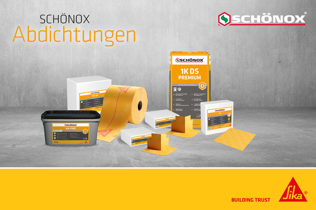 Mehrere Abdichtungsprodukte der Marke Schönox sind freigestellt vor einem grauen Hintergrund abgebildet. Oben rechts: Logo "SCHÖNOX". Unten rechts: Logo "SIKA".