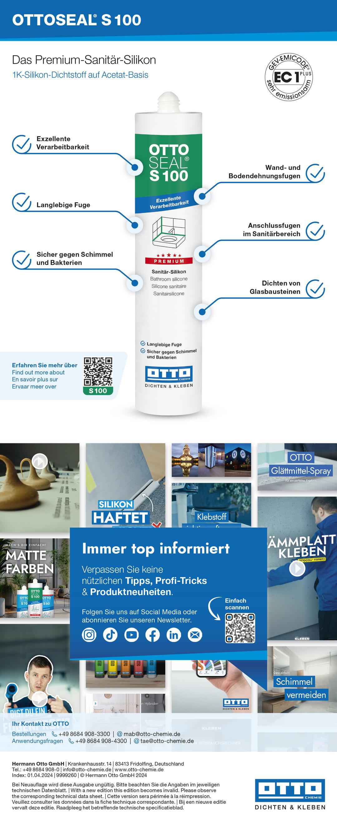 Grafik mit Erklärungen zum Produkt OTTOSEAL S100: Das Premium-Sanitär-Silikon. 1K-Silikon-Dichtstoff auf Acetat-Basis. Auf dem Bild ist eine Flasche des Produkts abgebildet sowie dessen Vorteile: Exzellente Verarbeitbarkeit. Langlebige Fuge. Sicher gegen Schimmel und Bakterien. Für Wand- und Bodendehnungsfugen. Für Anschlussfugen im Sanitärbereich. Zum Dichten von Glasbausteinen. Darunter werden die Social-Media-Kanäle des Herstellers beworben (alle gängigen).